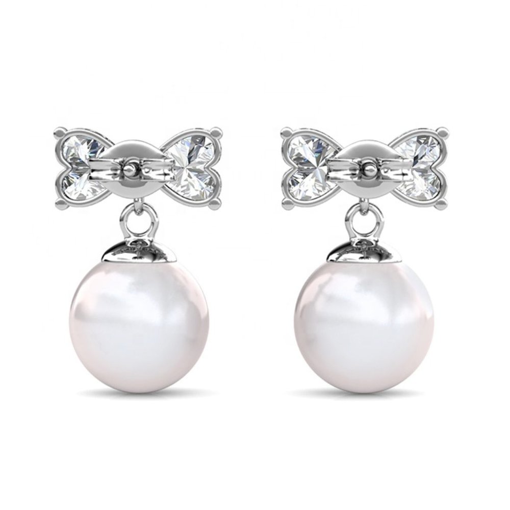 Heart Bow With Pearl Drop Earrings Australian Crystals - Picture 3 of 5